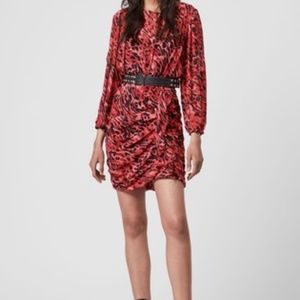AllSaints Barre Ambient Animal Print Ruffled Dress Red, Size Small
